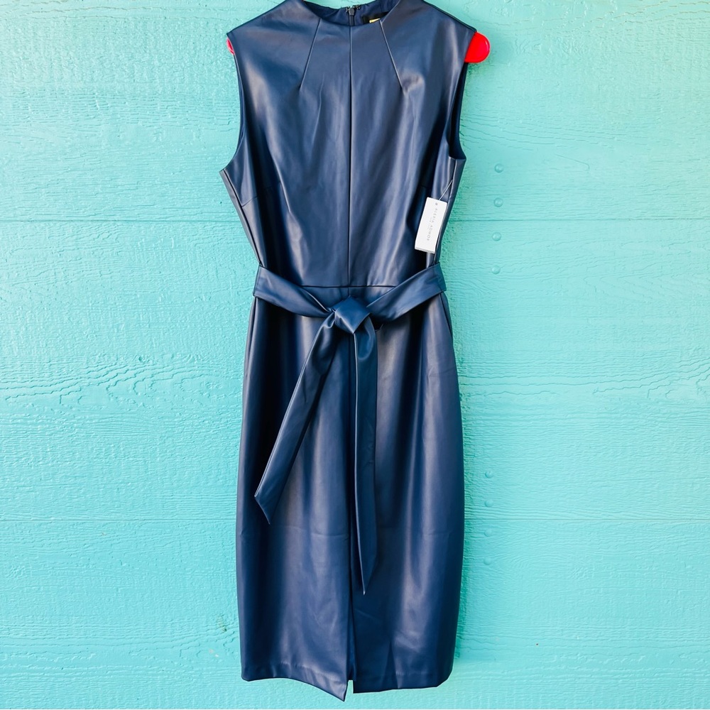 Alexia Admor Navy Blue Vegan Leather Belted Midi Dress Size 12 NWT - Picture 8 of 9